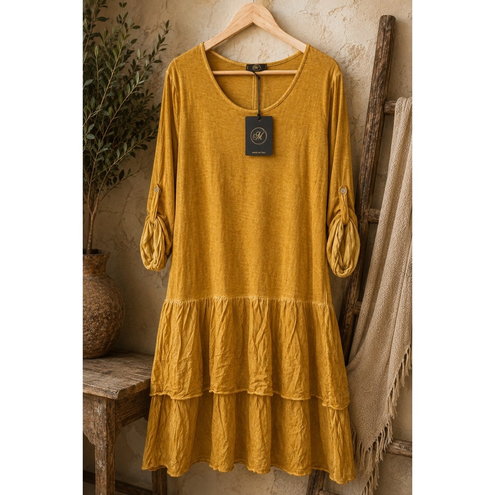 M Made in Italy Mustard Tiered Tunic Dress L NWT Boho Lagenlook Artsy